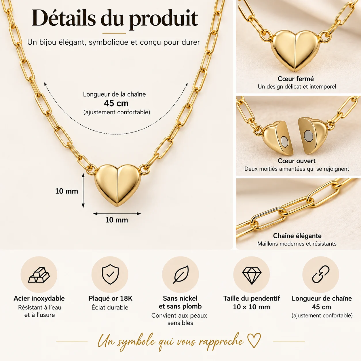 Détails du collier cœur magnétique JOJOPI, chaîne 45 cm et pendentif 10 x 10 mm