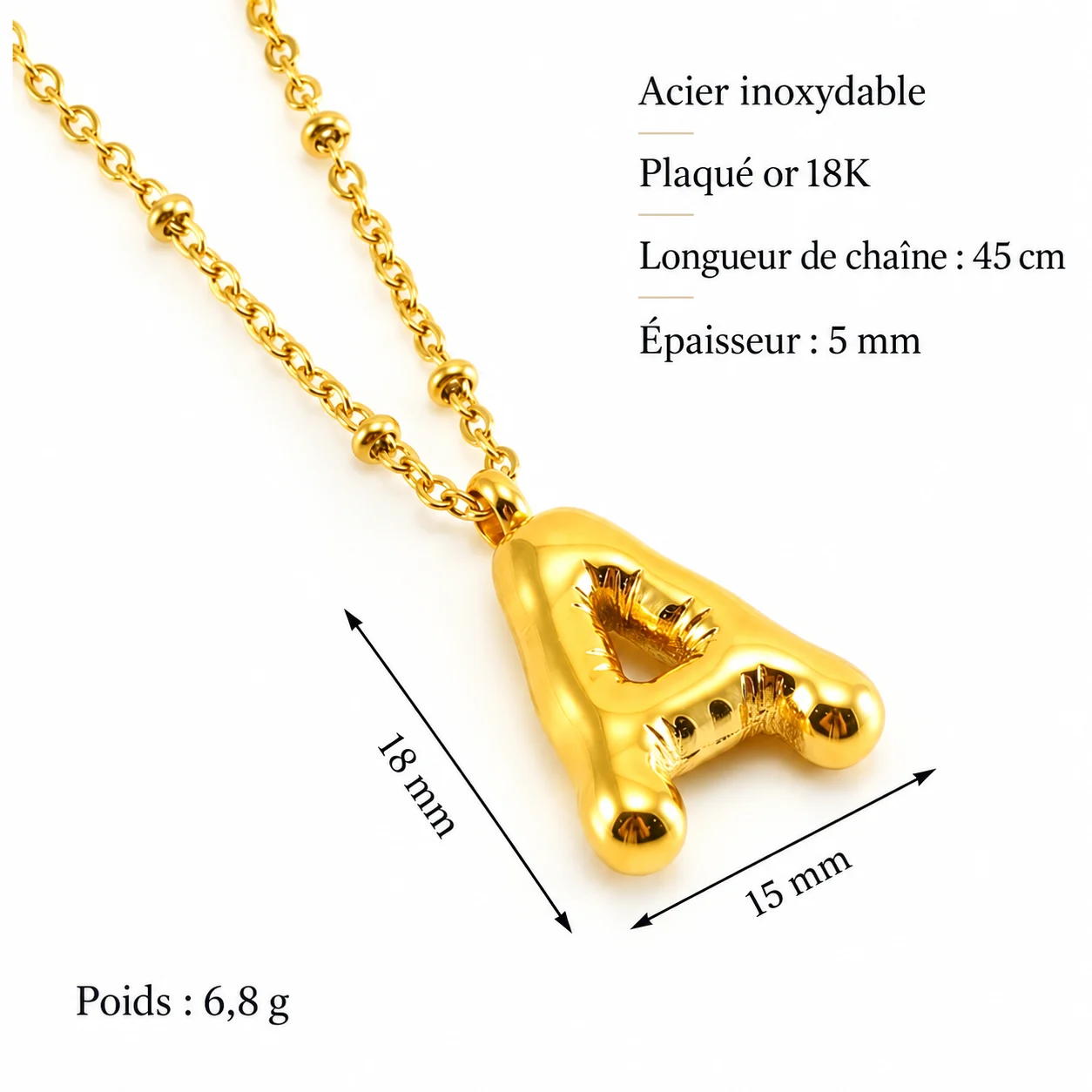 Dimensions collier initiale personnalisé Bubble – pendentif 18 × 15 mm, chaîne 45 cm, poids 6,8 g