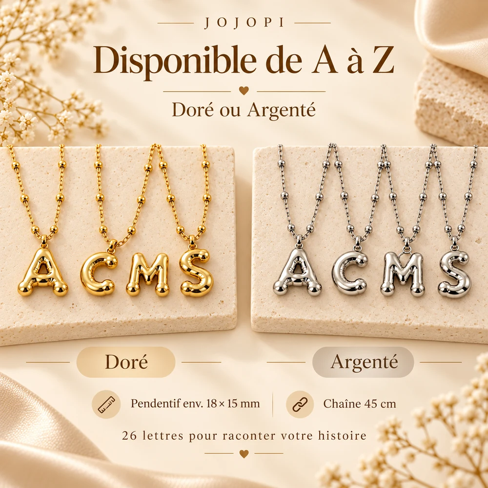 Collier initiale personnalisé Bubble disponible de A à Z en doré ou argenté