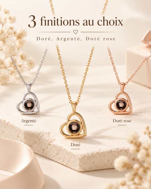Collier photo projection JOJOPI en trois finitions : doré, argenté et doré rose