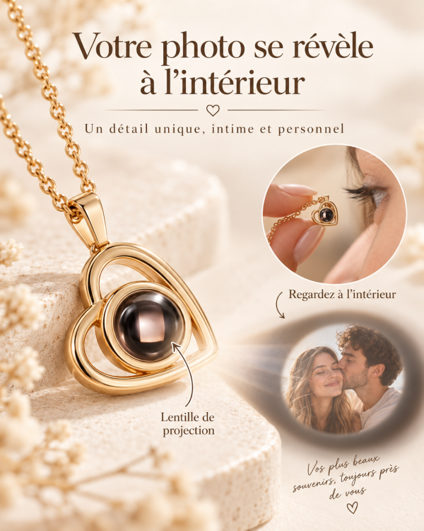 Collier photo projection JOJOPI montrant la lentille et la photo personnalisée à l’intérieur